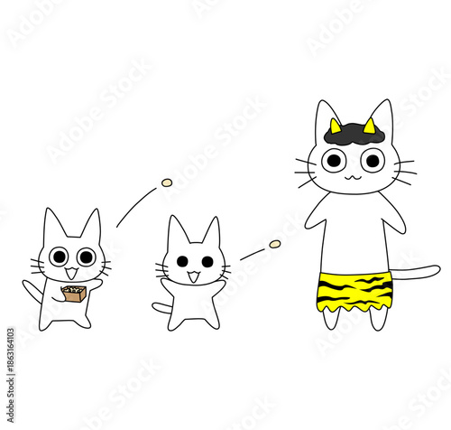 節分で豆まきをする子猫と鬼の白猫のイラスト