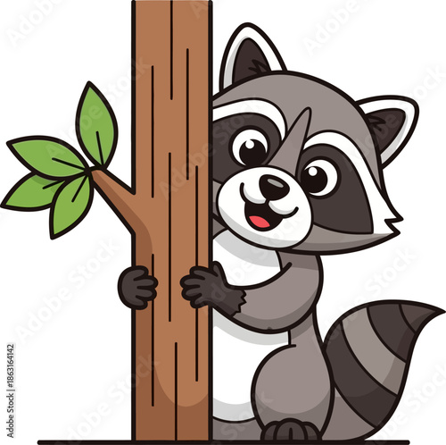 Cute Cartoon Raccoon Peeking From Behind a Tree Trunk with Green Leaves Adorable Woodland Animal Illustration