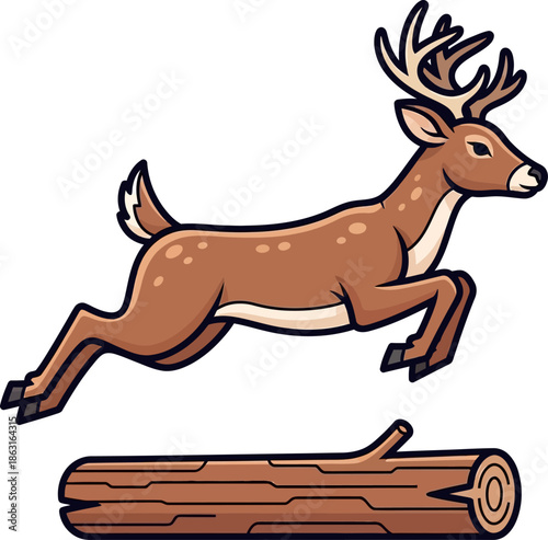 Animated Deer Leaping Over Log Cartoon Wildlife Illustration