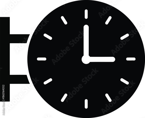 Simple black glyph icon of a wall-mounted clock on a bracket