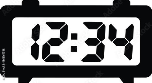 A black and white icon illustration of a digital alarm clock displaying the time 12:34