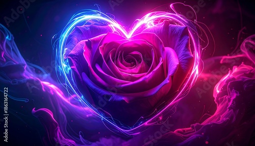 A vibrant rose shaped like a heart on Rose Day surrounded by swirling purple and blue smoke