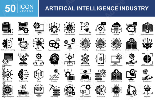 Artificial Intelligence Industry Icon Collection Set. Featuring automation, data science, machine learning, robotics, autonomous systems, and future digital technology. Simple vector illustration