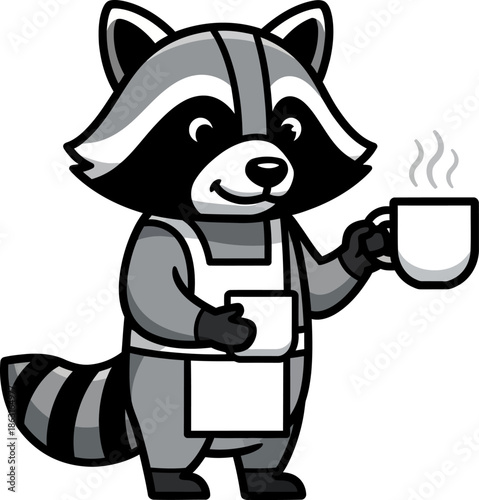 Cute Raccoon Mascot Character Wearing Apron Holding Hot Coffee Cup with Steam Vector Cartoon Illustration