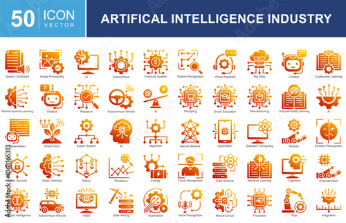 Artificial Intelligence Industry Icon Collection Set. Featuring automation, data science, machine learning, robotics, autonomous systems, and future digital technology. Simple vector illustration