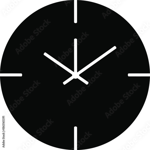 Minimalist black and white clock icon with simple hands against a white background