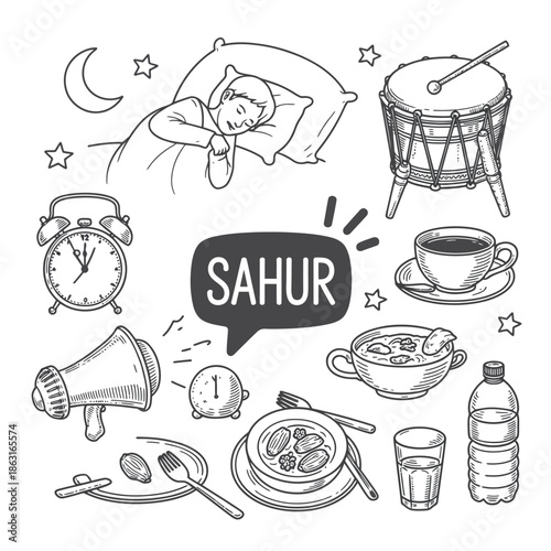 sahur time doodle illustration pack, hand drawn ramadan pre dawn meal elements, islamic food and culture symbols, sketch style vector icons, isolated on white background.