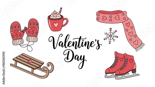 Valentine's Day Warmth and Cheer: Valentine's Day elements with cozy mittens, a mug of hot cocoa, a scarf, a snowflake, sled and ice skates evoke feelings of warmth and love.