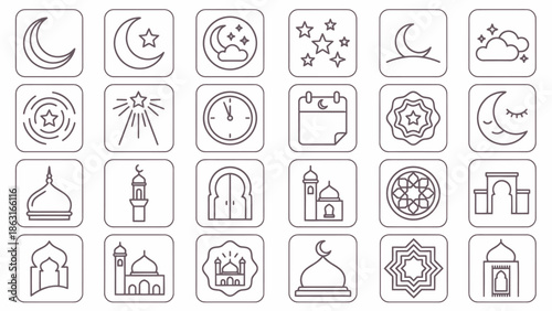 Ramadan and Eid Mubarak Line Icons Set for Islamic Celebrations. EPS Editable