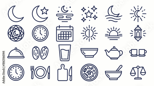 Ramadan Icons Set with Moon Stars Calendar Food and Drink Elements. EPS Editable