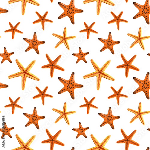 Starfish, watercolor seamless pattern on a white background. Marine animals, underwater world.