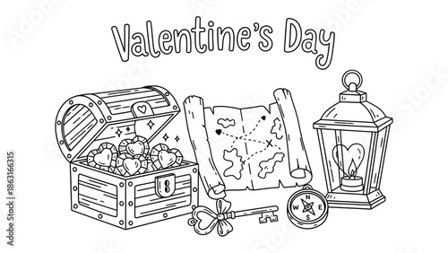 Treasure Map of Love: An outline image of a treasure chest overflowing with heart-shaped gems, a rolled-up map, a compass and a lantern, the theme being valentine's day 