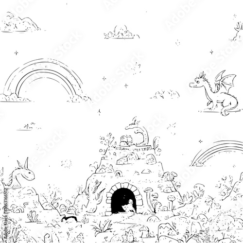 Fantasy Castle with Dragons and Rainbow in Sky