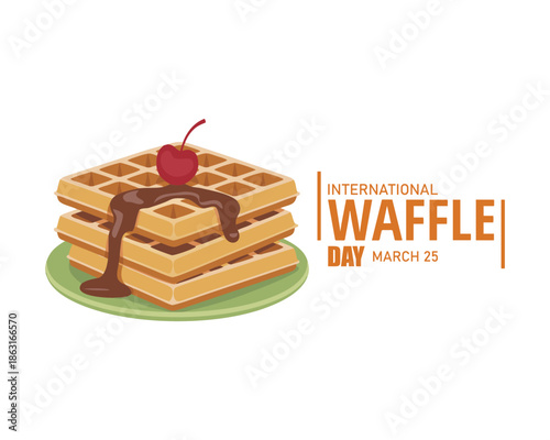 Waffle with cherries and melted chocolate on a plate cartoon vector illustration good for national waffle day