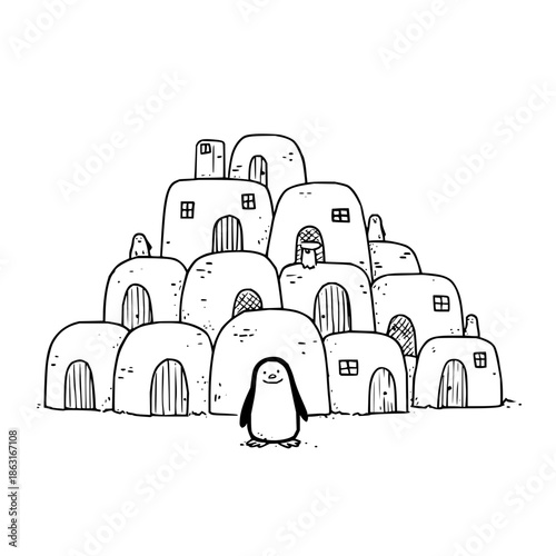 Penguin Standing in Front of Igloos on Ice Village