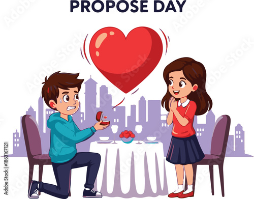 Nervous Young Man Proposing to Girlfriend with Engagement Ring for Valentine or Propose Day Celebration