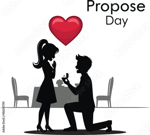 Man Proposing to Woman with Engagement Ring Silhouette, Propose Day Concept Vector Illustration