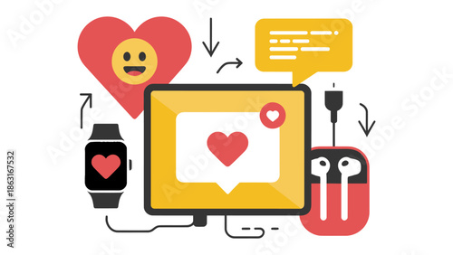 Connected Love: Illustrative vector art showing the modern concept of connected love with heart icons and social media theme, perfect for Valentine's Day.