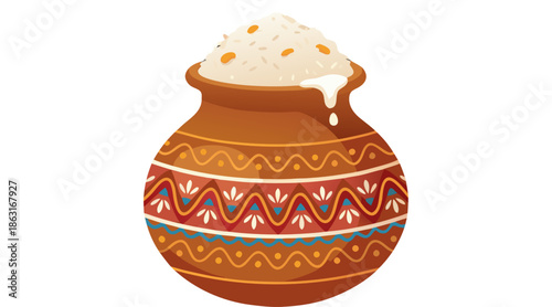 Traditional ornate Pongal mud pot with rice for South Indian harvest festival