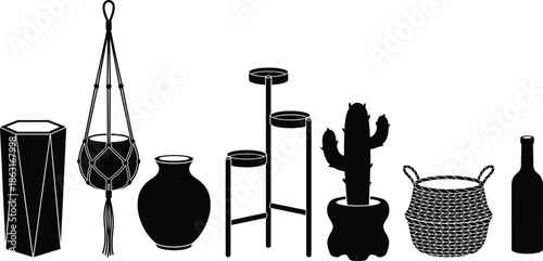 Silhouette Collection of Stylish Home Decor Items Including Vases, Planters, Baskets, and Indoor Plant Accessories