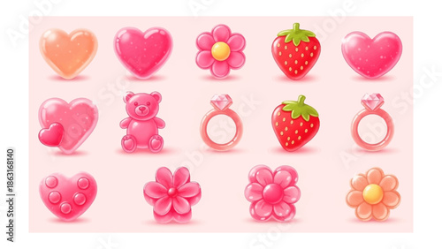 Sweet Treats of Affection: A delectable array of candied hearts, delightful flowers, juicy strawberries, engagement rings, and a charming gummy bear, all in a symphony of pink hues.