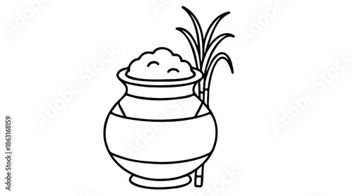 Black and white sketch of Pongal pot with sugarcane for Indian harvest