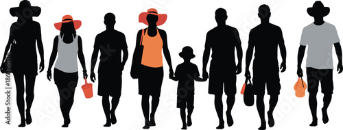 Silhouette Vector of People Walking with Beach Items, Hats, and Bags for Summer Leisure and Family Outings
