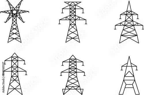 High voltage power line tower icon set featuring electrical pylon silhouettes for energy, infrastructure, and electricity transmission symbols.