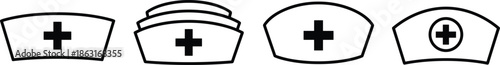 Nurse hat icon set featuring medical cross symbols in different line art styles for healthcare and nursing.