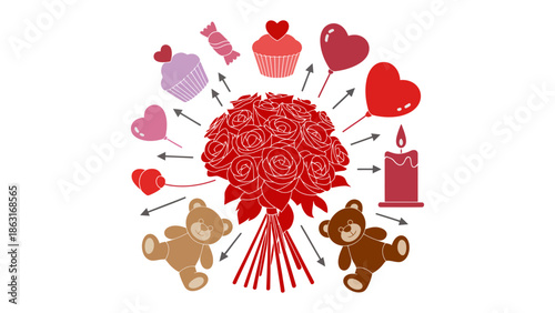 A Valentine's Day Bouquet: An attractive illustration shows a romantic collection of roses, surrounded by symbolic elements of love and affection.