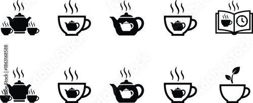 Hot tea and herbal beverage icon set featuring teapots, steaming cups, and organic tea leaf silhouette symbols.