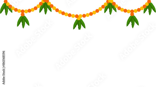 Indian marigold flower garland with mango leaves for traditional festival and Diwali decor