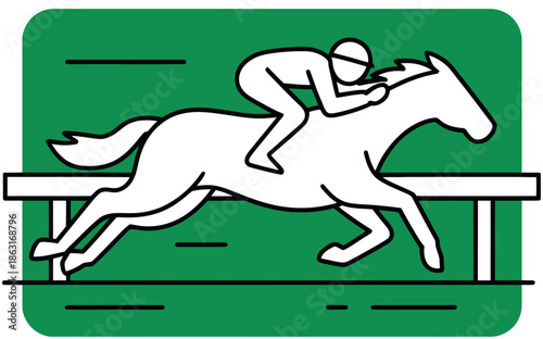 Jockey rides racehorse over a jump obstacle in a stylized graphic illustration of.