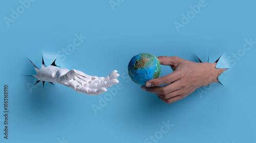 Transfer of Responsibility: Human Hand Giving Globe to AI for World Management
