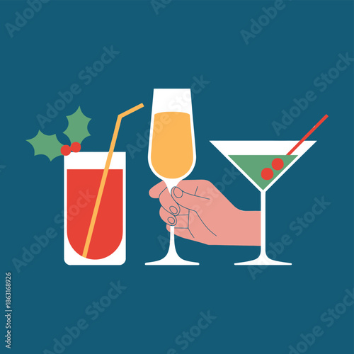 Three festive holiday cocktails are displayed against a dark teal background.