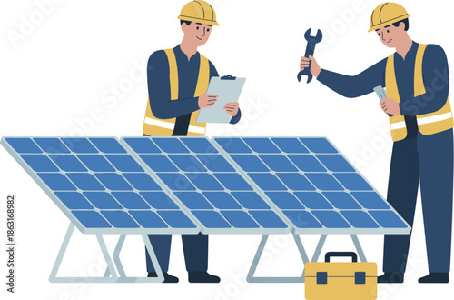 Two technicians in hard hats and vests installing solar panels, renewable energy maintenance and professional engineering, vector