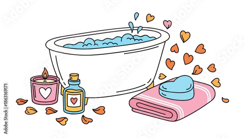 Tranquil Bath Scene: A charming illustration featuring a bathtub filled with bubbly water, a scented candle, a bottle of oil, a soap.