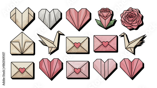 Origami Delight: Artistic depiction of handcrafted origami forms, including hearts, roses, crane, and envelopes that express creativity and passion. 