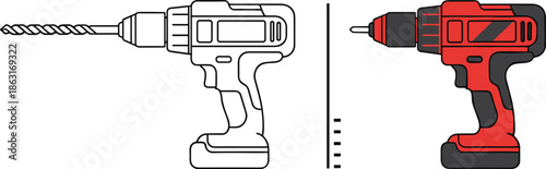 Electric cordless power drill set featuring line art and red color illustrations for construction and diy projects.