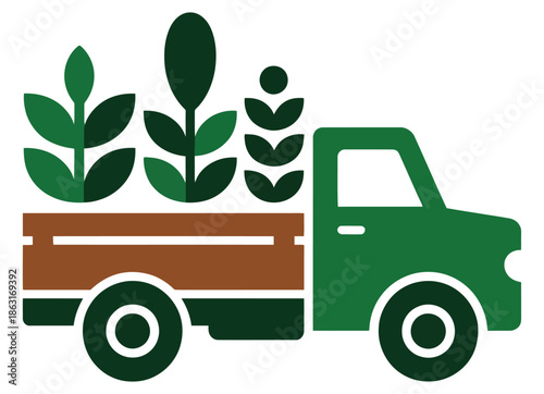 Green pickup truck carries three large stylized leafy plant sprouts in its wooden.