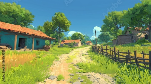 Detailed cartoon artwork of an Indian village with green trees and small mud structures, giving a friendly, cultural background feel.