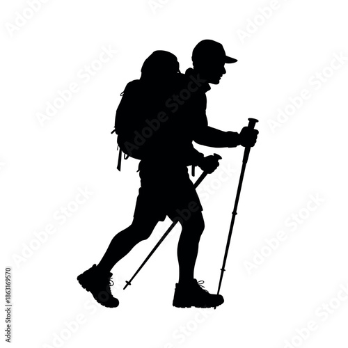 Hiker silhouette with backpack and trekking poles moves forward against a white.