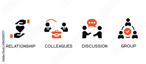 Networking icon set. Containing network, connections, relationship, online networking, community, events and social network icons. Solid icon collection. Vector illustration.