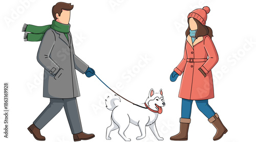 young couple walking dogs