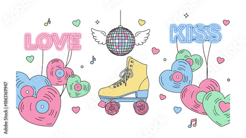 Retro Roller Skating Romance: A nostalgic illustration evoking the romance and joy of roller skating culture, featuring a roller skate, heart-shaped decorations and the word love and kiss 
