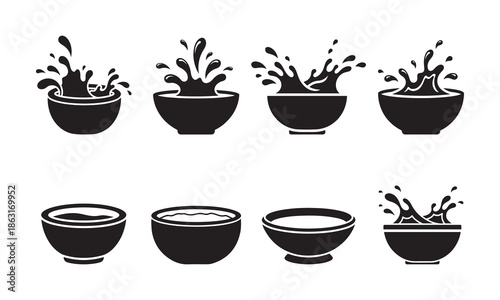 Dynamic Liquid Splash in Bowl Silhouettes, Set of Water or Soup Splashing in Ceramic Bowls for Kitchen and Cooking Graphic Design