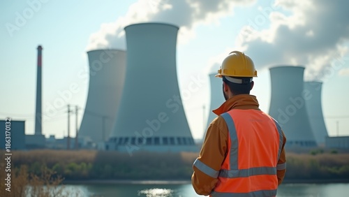 Engineer standing with back to camera, overlooking nuclear power plant with cooling towers emitting steam on clear day