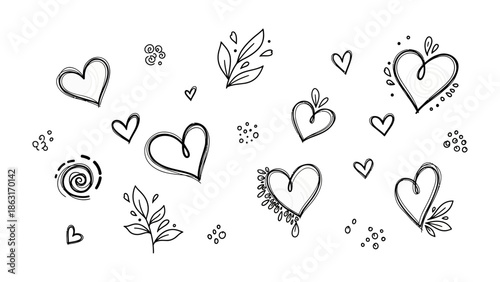 Valentine's Day Hearts and Floral Motifs: A collection of charming hand-drawn hearts and floral elements, perfect for expressing love and affection on Valentine's Day. 