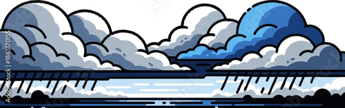 Stylized storm clouds gather over a reflective body of water with falling rain