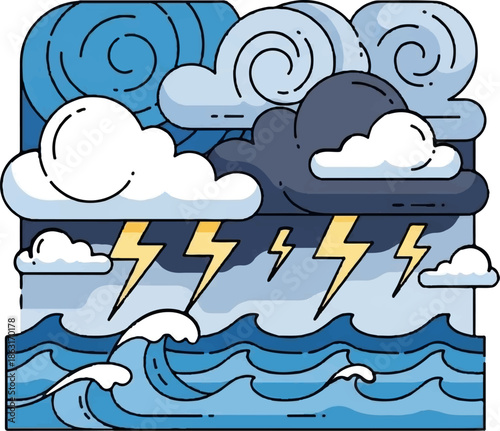Stylized storm clouds unleash lightning and crashing waves on the sea